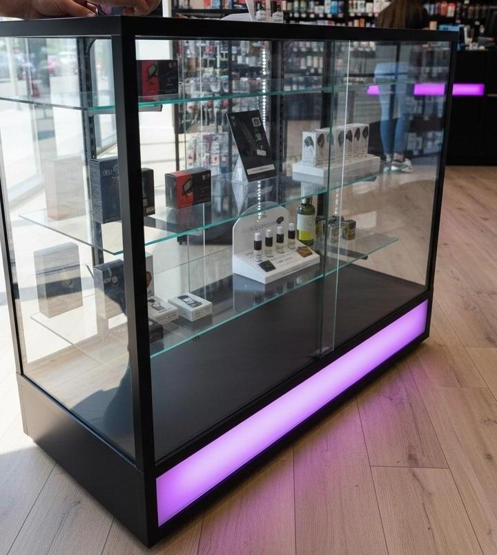 Customer viewing display case in store