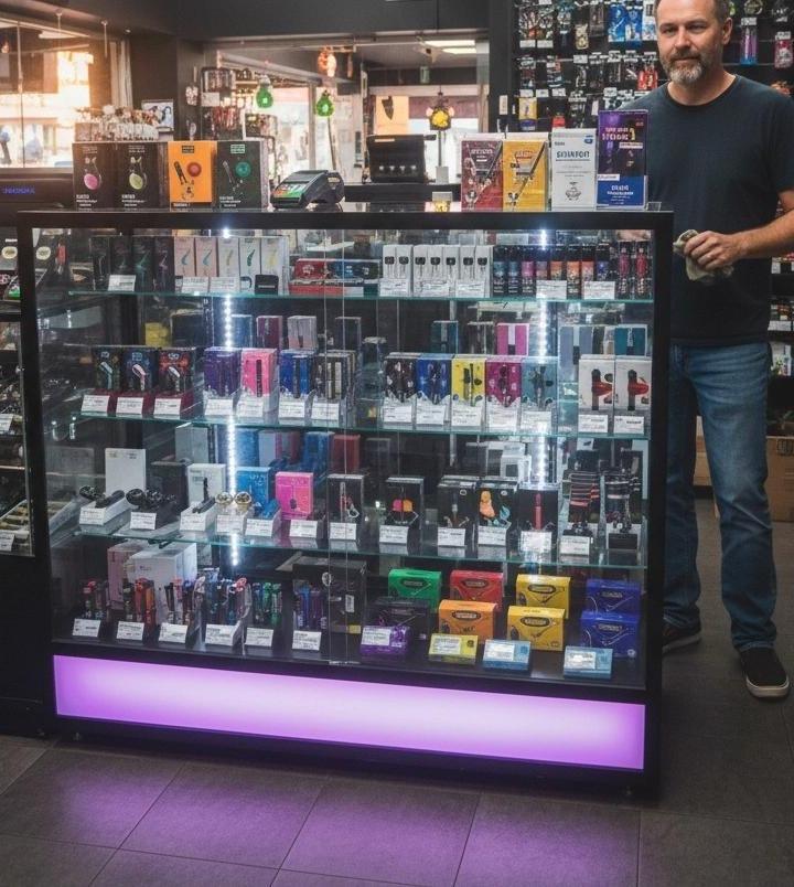 Store owner behind counter with display case